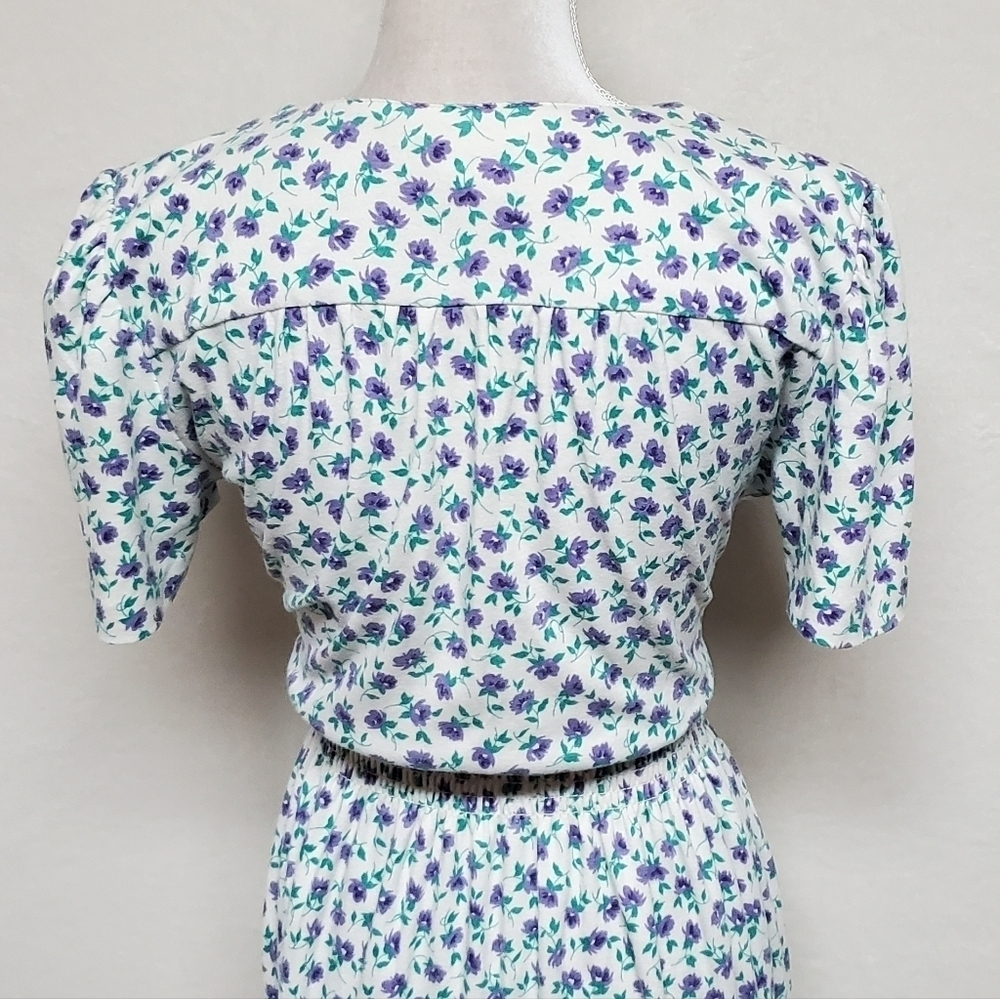 VINTAGE 80s Jordan Michaels Calico Ditsy Floral Short Sleeve Stretchy Midi Dress - Picture 12 of 15